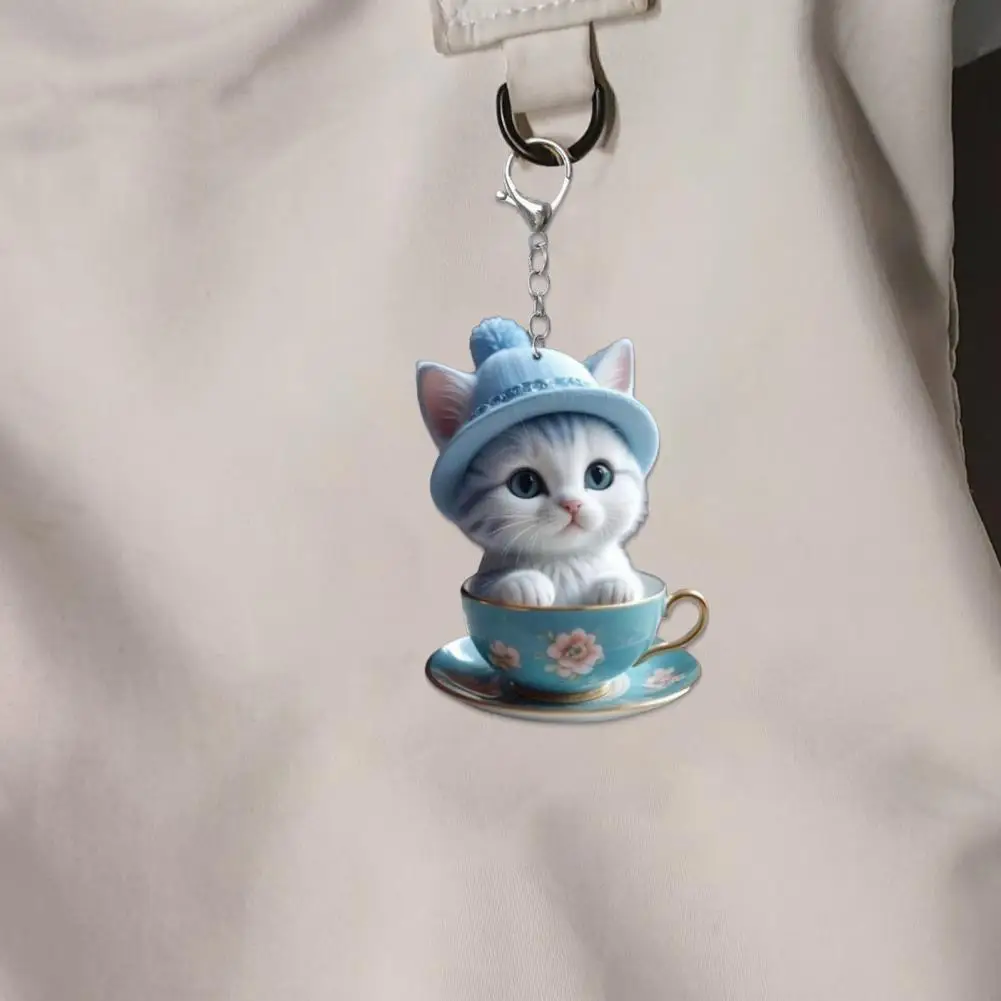 Teacup Cat Pendant Cartoon Cat Acrylic Pendant Durable Hanging Ornament Easy-to-hang Decorative Keychain for Car Rearview Mirror