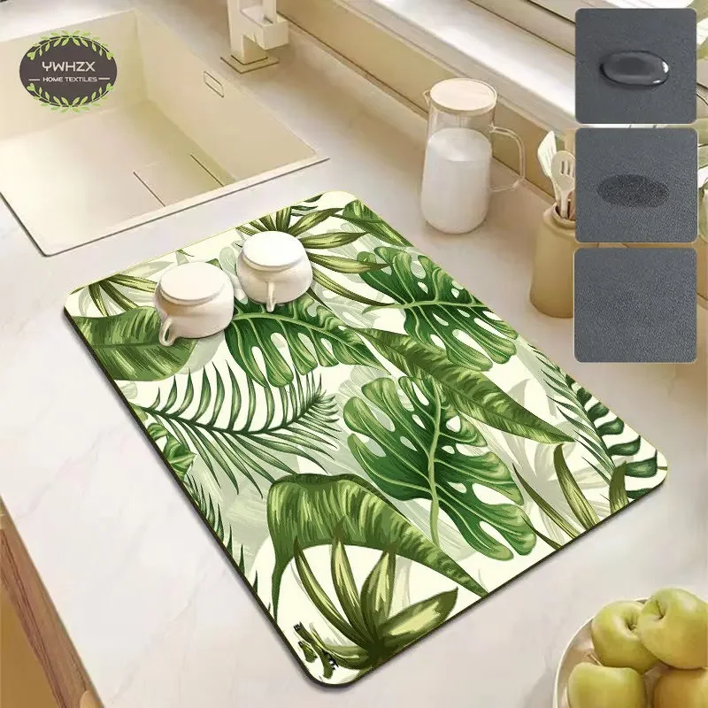 

Tropical Leaves Drain Pad Floral Super Absorption Rug Quick Dry Diatom Mud Coffee Cup Drying Placemat Kitchen Decor Accessories