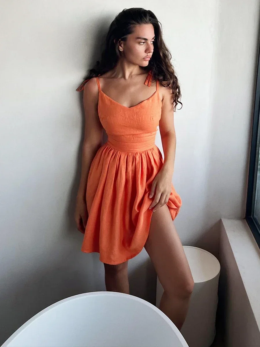 Wolfeel Abito estivo in cotone con cinturino per spaghetti Abito corto da donna in tinta unita chic con scollo a V Gonna corta slim fit da donna alla moda