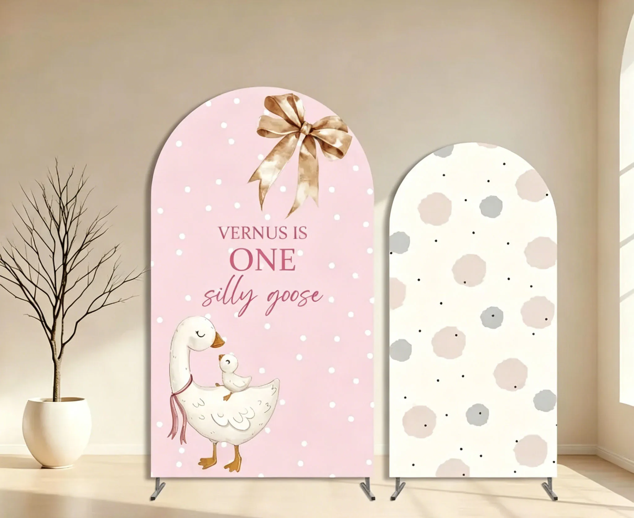 Custom 2-Sided One Silly Goose Baby Shower Arch Backdrop Cover Pink bow polka dots Custom Name Birthday Decor Backdrop Photo