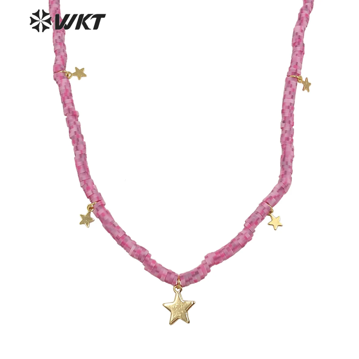 WT-JN197 Wholesale Vintage style pink women gold star charm necklace Simple 4mm resin hand made beads necklace for friend