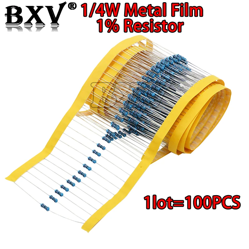 100PCS/LOT 1/4W 1R~22M 1% Metal Film Resistor 100R 220R 1K 1.5K 2.2K  4.7K 10K 22K 47K 100K 100 220 1K5 2K2  4K7 Ohm Resistance 