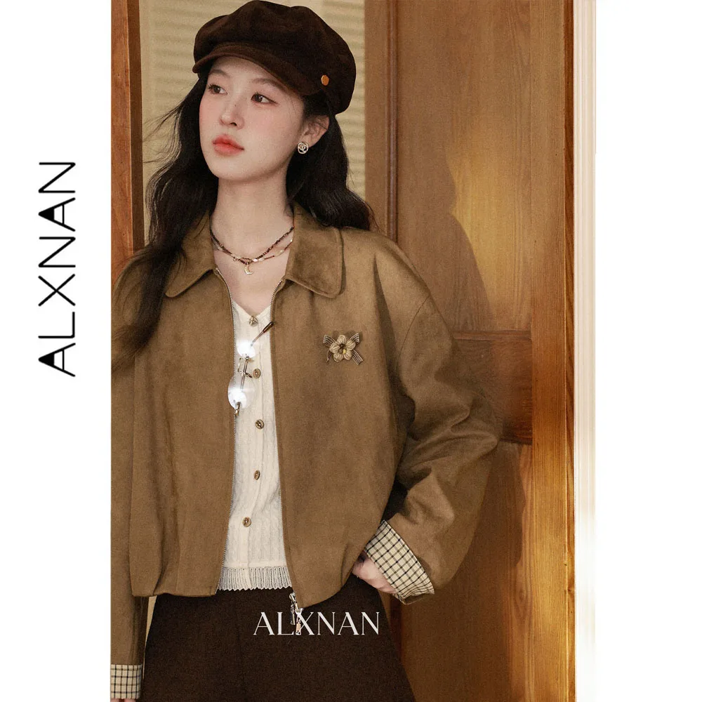ALXNAN Khaki Short Jacket Women Autumn Vintage Plaid Spliced Coat 2026 Fashion Elegant Casual Female Outwears L67905