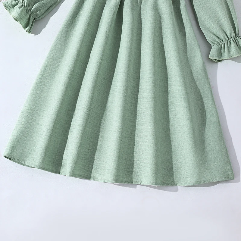 Frühlingskleid für Teenager-Mädchen, strukturiertes Midikleid, Schlüssellochverschluss hinten, elastische Taille, ausgestellter Saum, lange Ärmel, lässiges, einfarbiges Kinderkleid – Detail 4