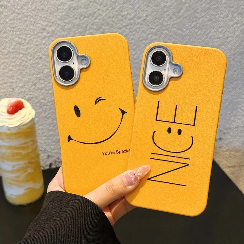 Cartoon Happy Face Phone Case for iPhone 11 12 13 Pro 14 15 16 Pro Max Soft Metal Frame Camera Cover for iPhone 16 Plus 15 Pro