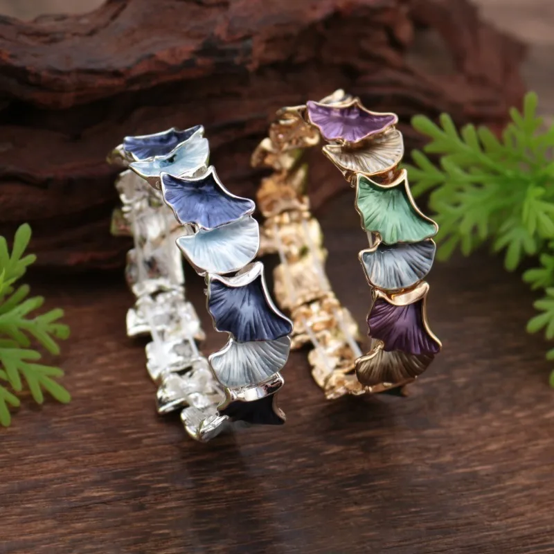 

Vintage Enamel Ginkgo Leaf Bangle Colorful Ginkgo Leaf Elastic Bangle Silver/Gold Tone Plated Elegant Vintage Style Jewelry