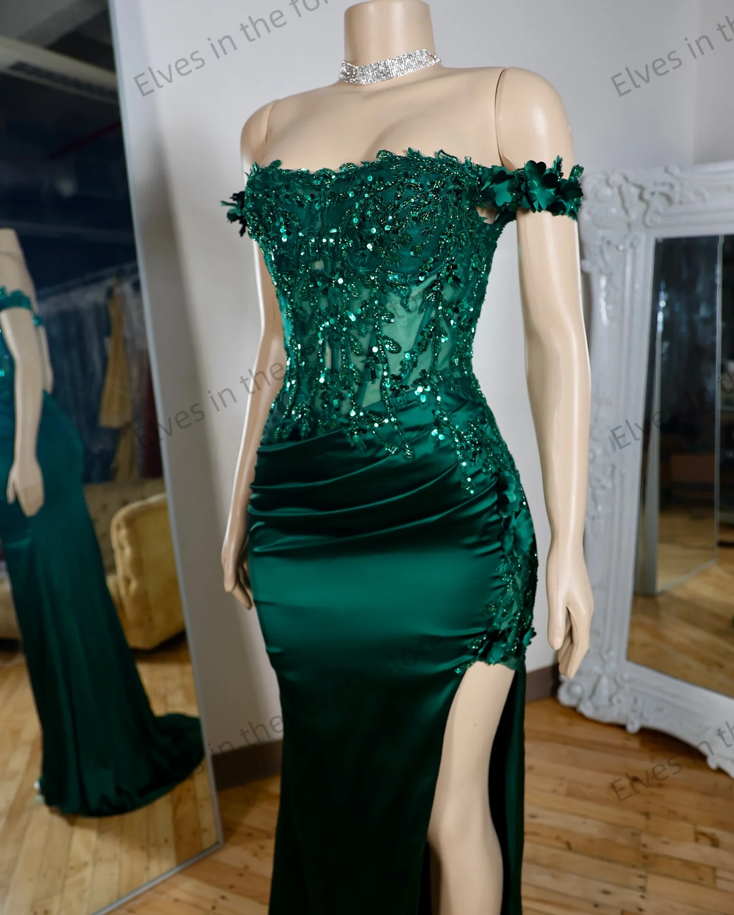 فستان سهرة رائع بحورية البحر باللون الأخضر بدون أكتاف وصمة عار مطرز بدون أكمام رداء de Soire مخصص مثير بشق للحفلات الراقصة #4