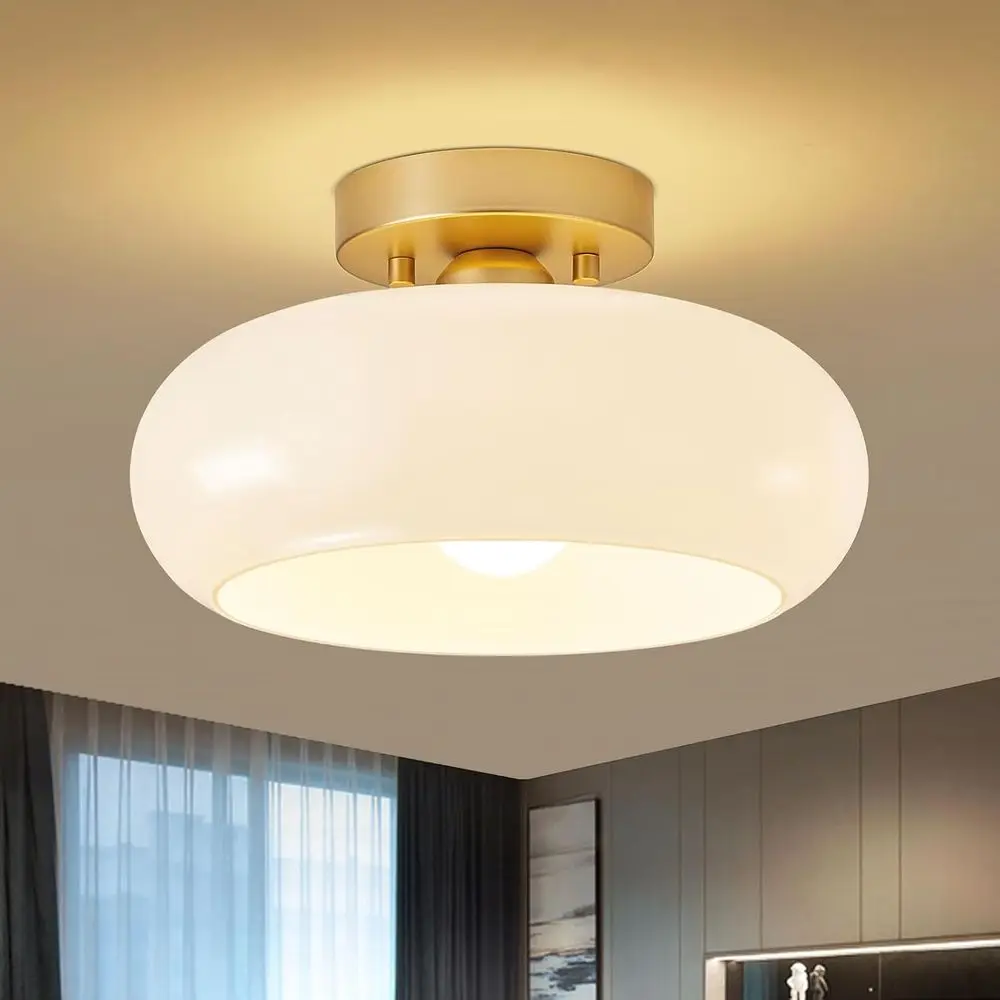 

11 Inch Vintage White Glass Shade Semi-Flush Mount Ceiling Light for Kitchen, Hallway, or Bathroom