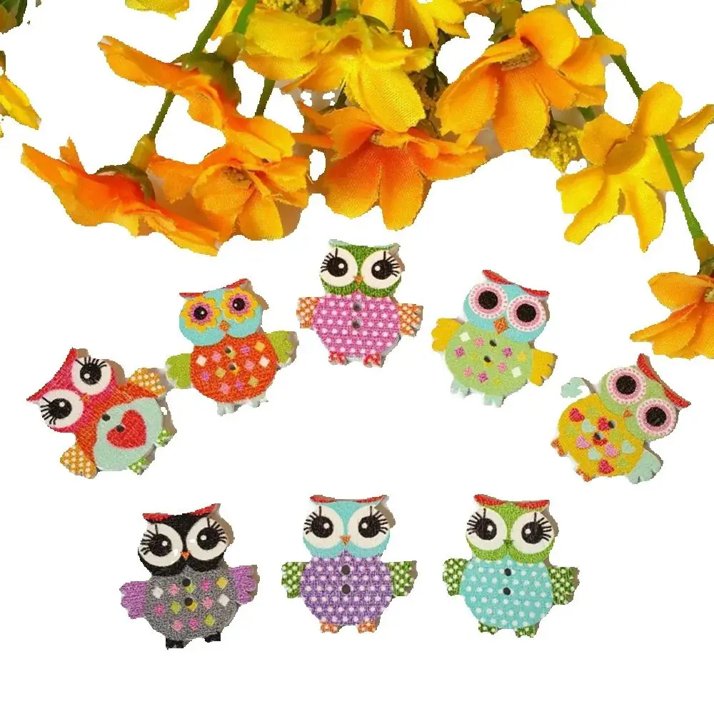50pcs Mix Dot Cute Owl Wooden Buttons For Craft 23*25mm Sewing Accessories Flatback Scrapbooking Buttons