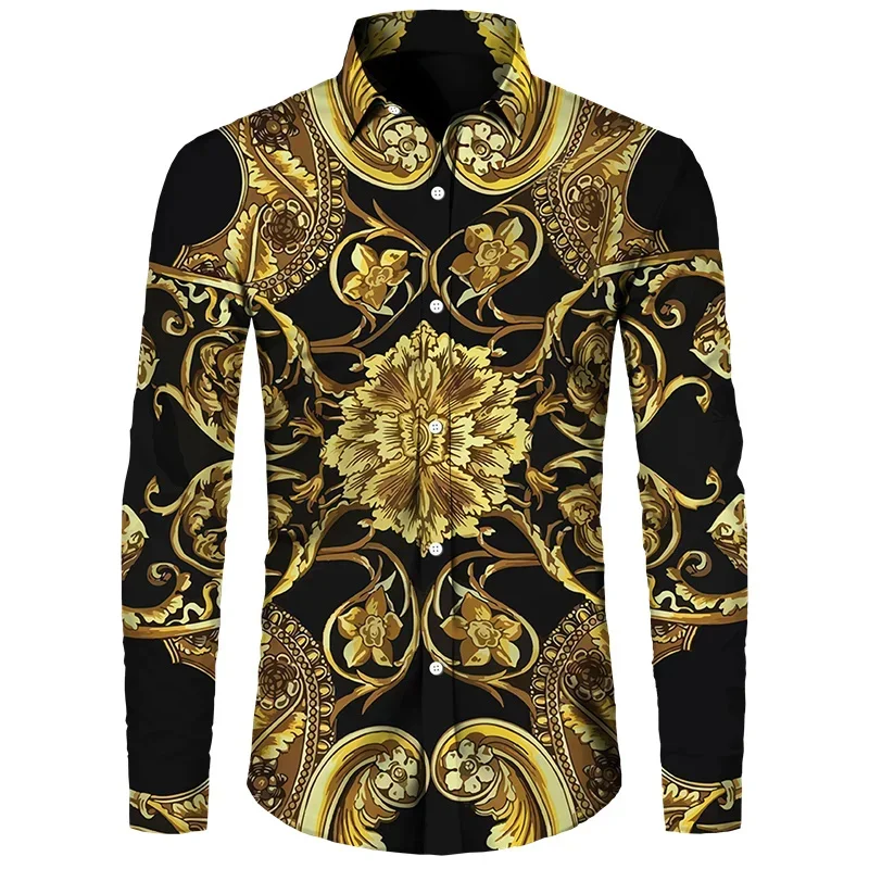 Camicia stampata in oro a maniche lunghe da uomo, moda sociale da uomo, abbigliamento firmato da uomo, moda hawaiana, camicia classica elegante