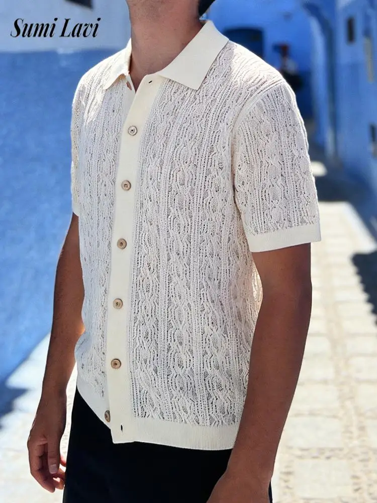 

New Casual Short Sleeve Mens Shirts Textured Solid Color Button-up Knitting Shirt Spring Summer Vintage Men Turn-down Collar Top
