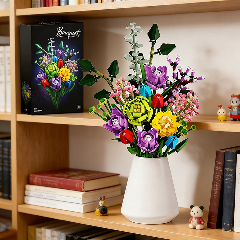 Kreatywny zestaw do budowania bukietu ze sztucznych kwiatów, 967 elementów, trwały model kwiatowy, dekoracja domu, prezent odpowiedni dla dorosłych i nastolatków.