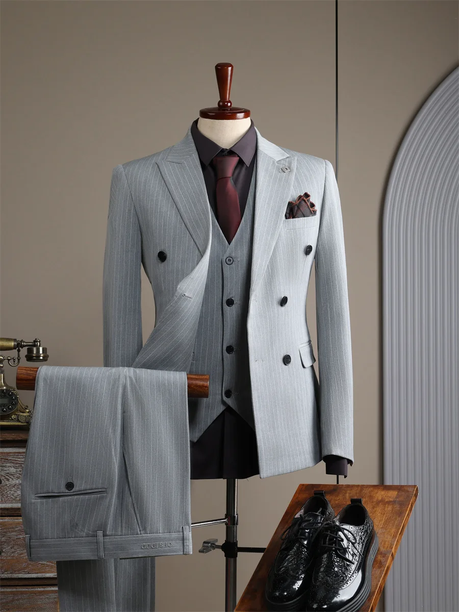 Wl002 High-End Double-Breasted Stripedsuit Heren Pak Casual Bruidegom Trouwjurk