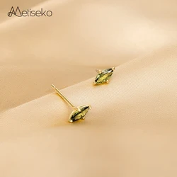 Metiseko 925 Sterling Silver Stud Earrings Olive Green Cubic Zirconia Eye Shape Earring Simple Exquisite Jewelry for Women 2022