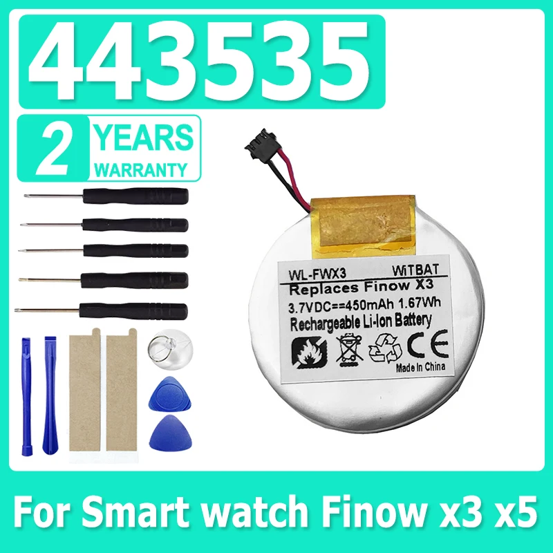 

New 443535 3.7V 450mAh Rechargeable li Polymer Round battery For Smart watch Finow x3 Finow x5 replace lem5 lem 5+Free Tools