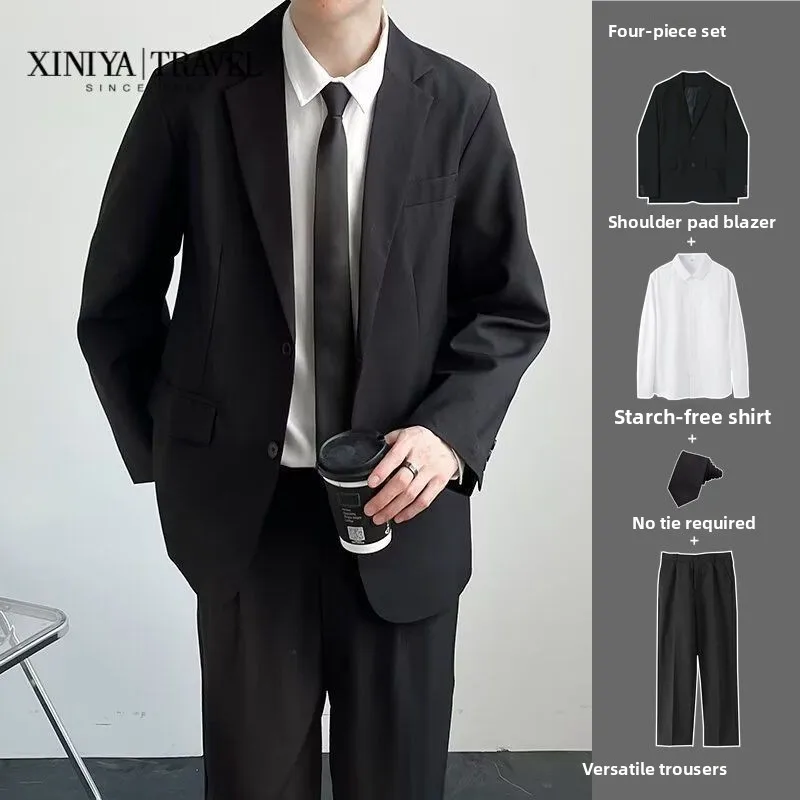 

XINIYA Student Men's Loose Casual Bla Tee-piece Suit Korean Sle Busin Formal Light Maturi Suit Set Autumn Wear