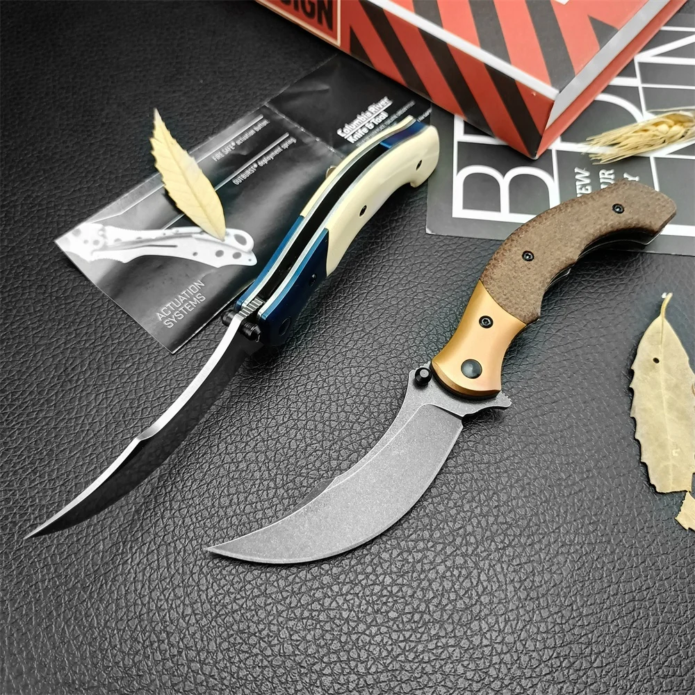 Canivete dobrável com alça de linho marrom, ferramenta de acampamento ao ar livre EDC, lâmina persa, Compact Flipper Assisted, 7465, 8Cr13Mov, G10