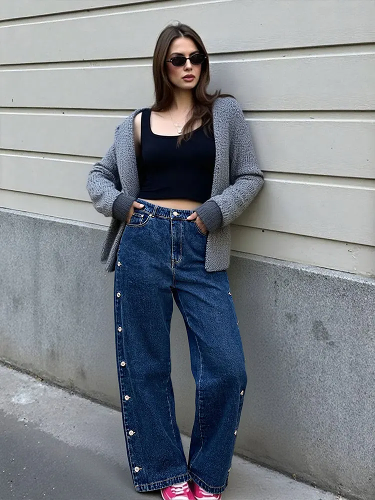 HH Women Vintage High Waist Wide Leg Denim Pant Side Buttons Decoration Jeans 2026 New Fashion Female Streetwear Chic Blue Jeans