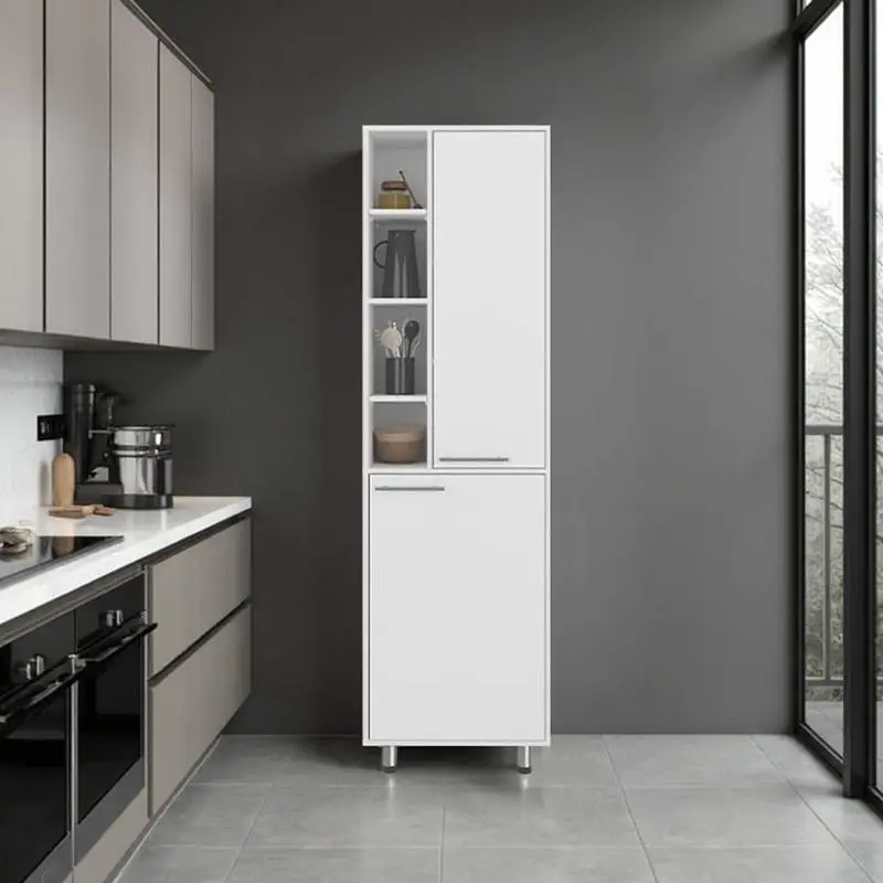 White Kitchen Pantry with 2 Doors, 9 Shelves, and 4 Legs, 80.30