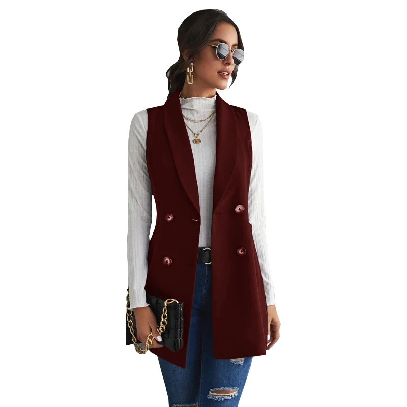 Women's Blazer Vest Double Breasted Long Jacket Vintage Slim Waistcoat Sleeveless for Lady