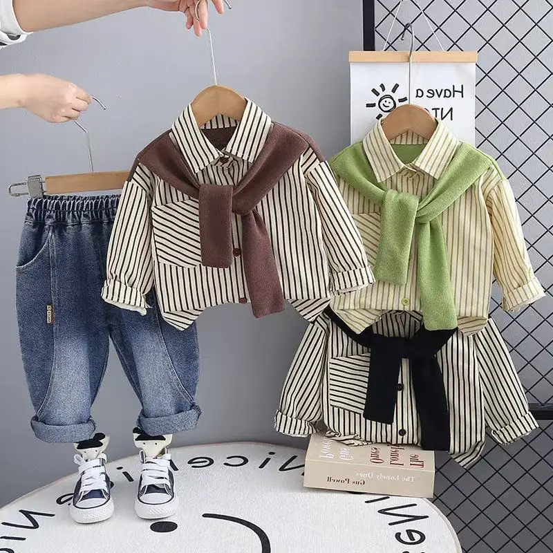 

Children's Sports Suit 2025 New Spring Striped Scarf Long-sleeved Shirt Two-piece Spring Boys Suit 80-120cm