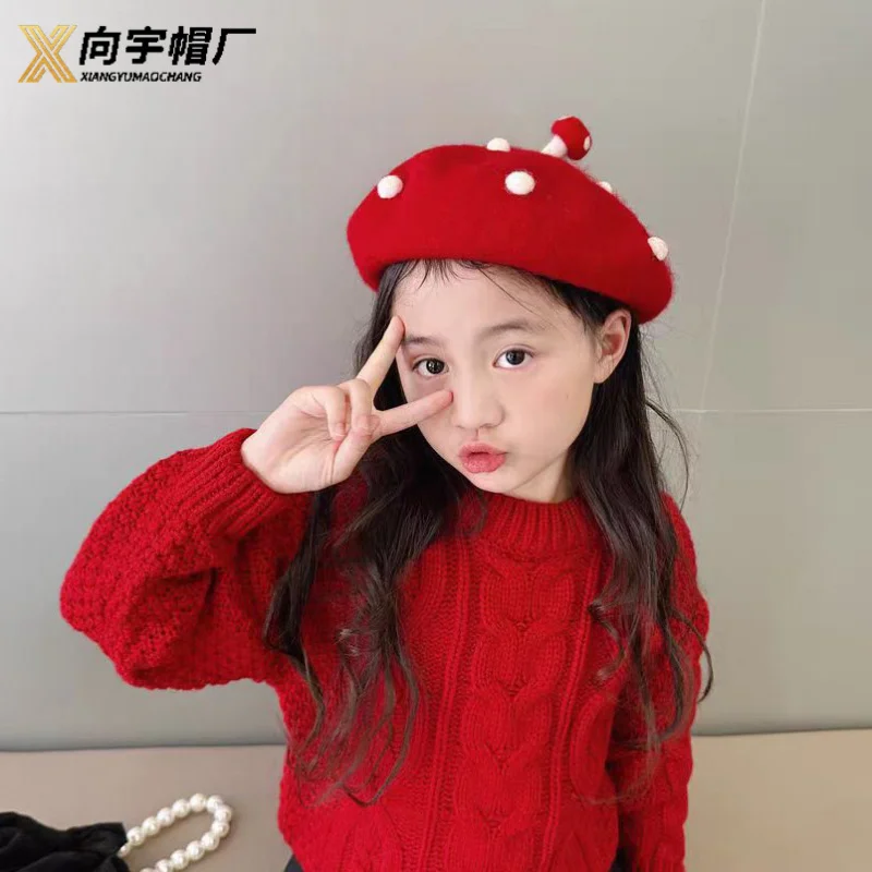 

2025 New Year Autumn and Winter Children's Hat Wool Beret Little Mushroom Girl Painter Hat Red Cute Cap