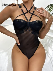 Magdalyn Sexy Mesh Women Strappy Rompers Lingerie One Piece Combination Onesie Solid Tights Fashion Tight Sheer Push Up Bodysuit