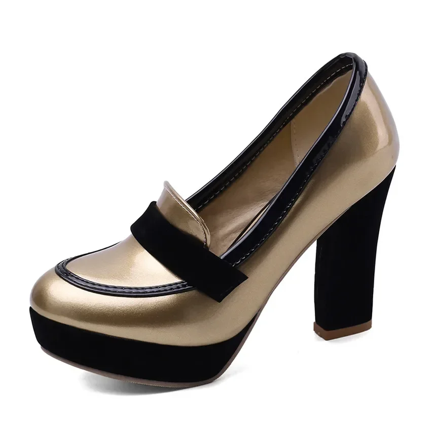 

Big Size Red Silver Women Platform Pumps High Chunky Heel Party Office Lady Chain Patent Leather Round Toe Slip On Dress Loafers