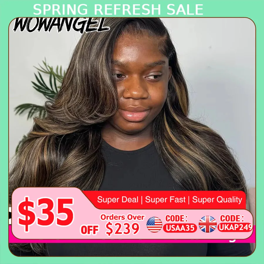WOWANGEL 1B/27 Парик с мелированием и эффектом Body Wave, 100% натуральные человеческие волосы, предварительно сформированный, 13x6 HD Lace, полноразмерный фронтальный парик с детским волосом, бразильские волосы