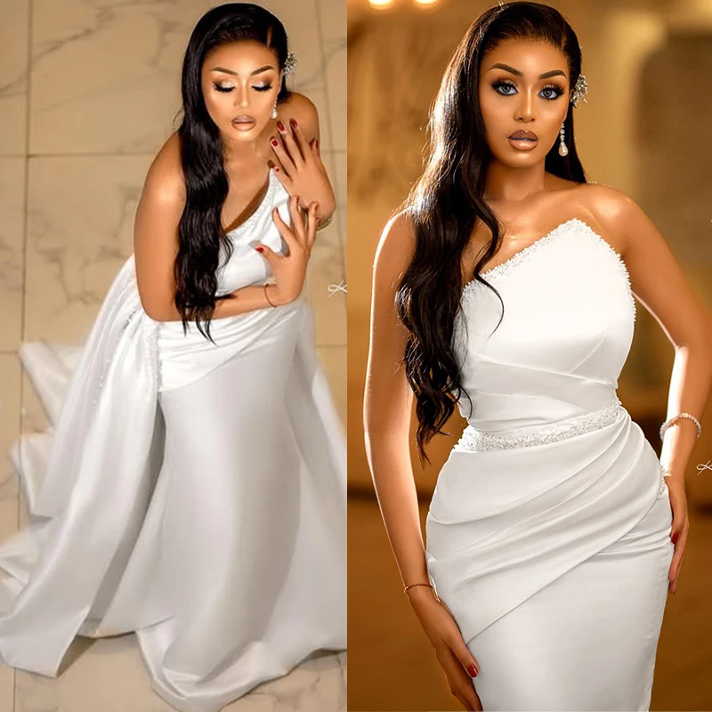 

Clean Mermaid Bride Wedding Dresses with Detachable Train Pearls Beading Aso Ebi African 2025 Bridal Gowns Customized