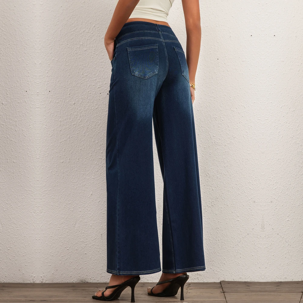 Shascullfites Multiple Pockets Stretchy Knit Baggy Wide Leg Casual Jeans High Waisted Jeans
