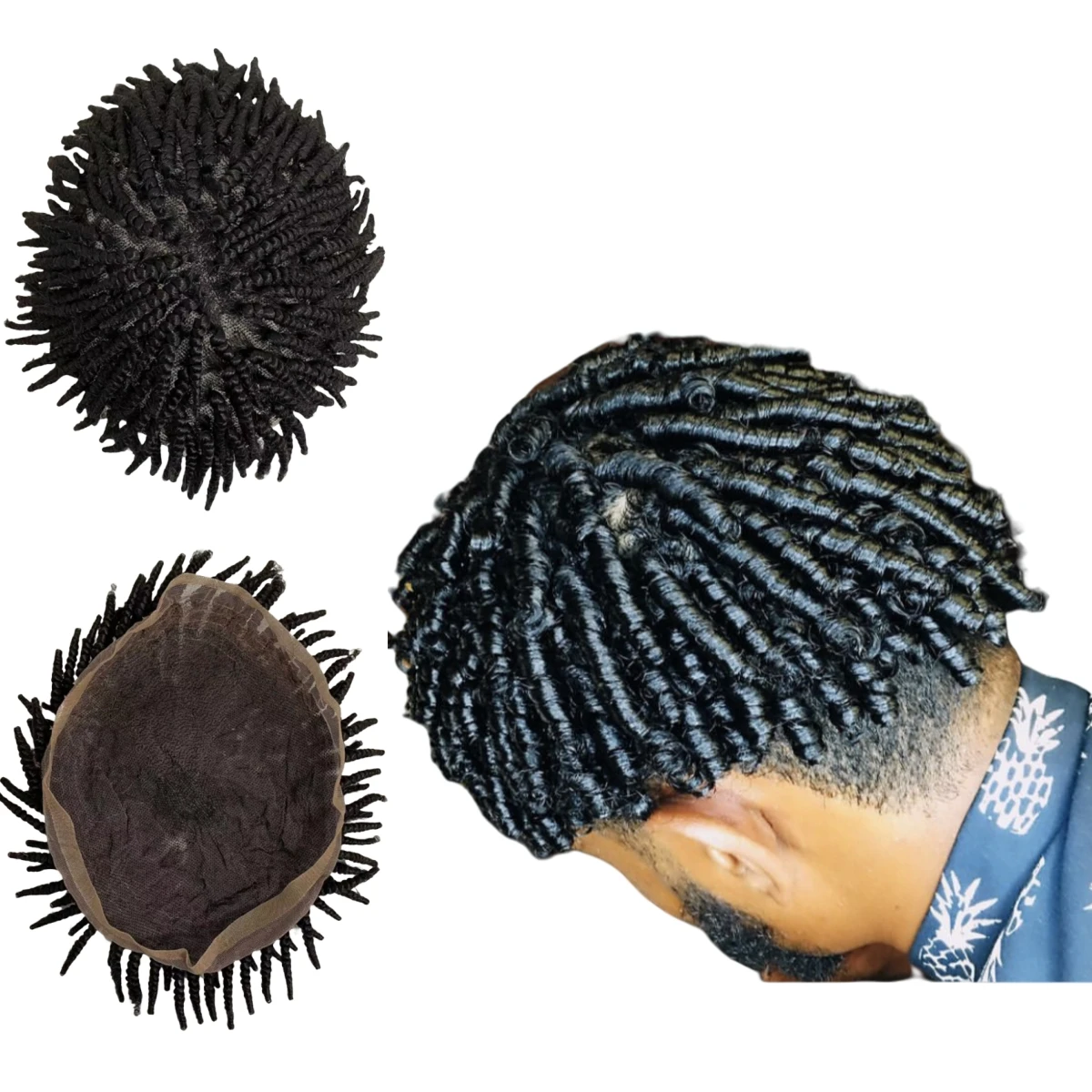 

Замена бразильских натуральных человеческих волос # 1b Косы Афро Heliciform Curl 8x10 Полный швейцарский кружевной парик для чернокожих мужчин