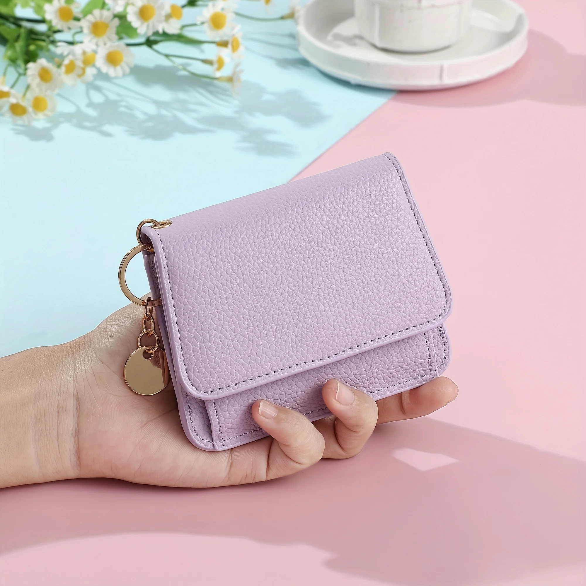 

Women's lavender zip-up casual fashion wallet with multiple card slots, secure clasp closure, compact for everyday carrying