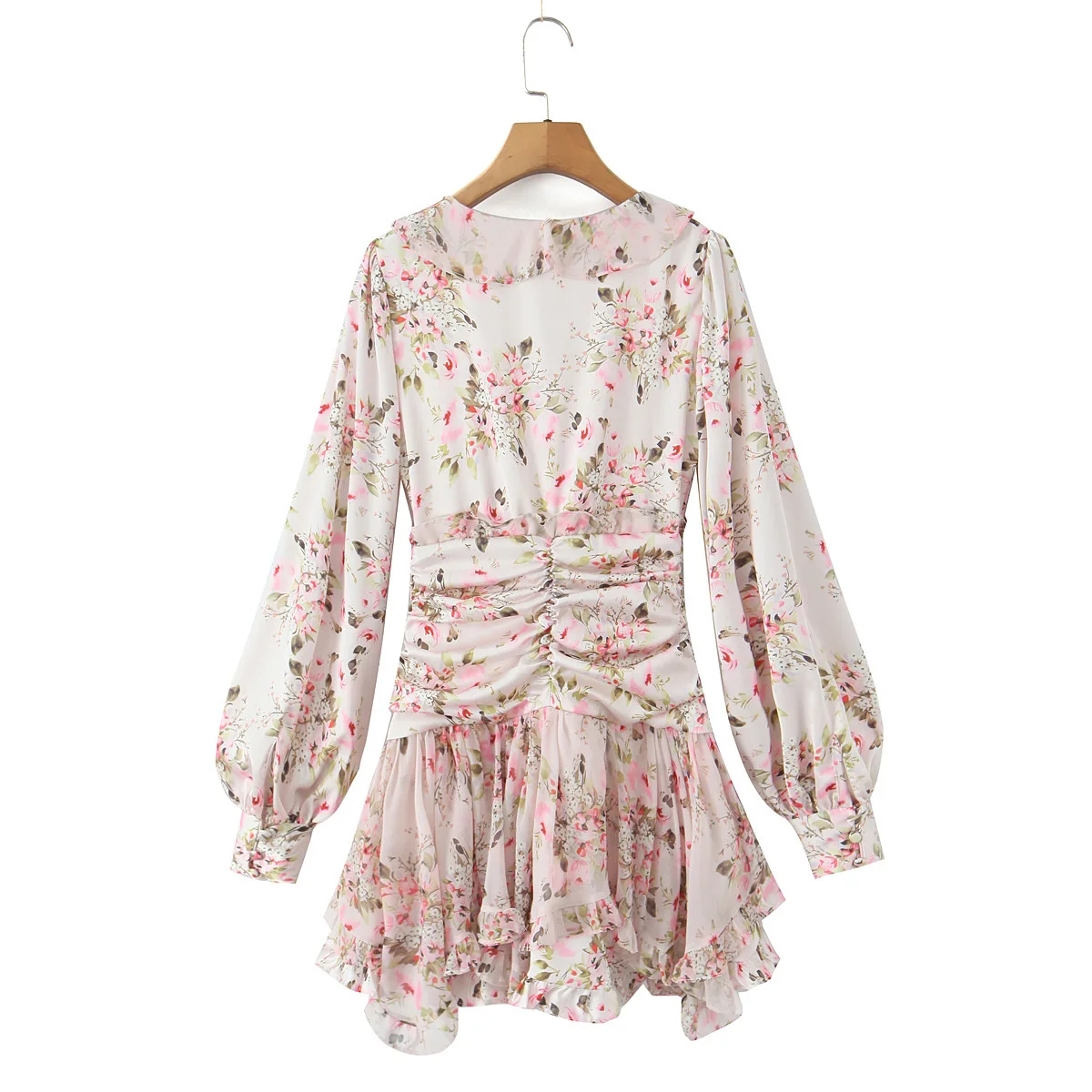 Suninheart European and American women's clothing floral lotus leaf trim pleated waist V-neck long-sleeved dress