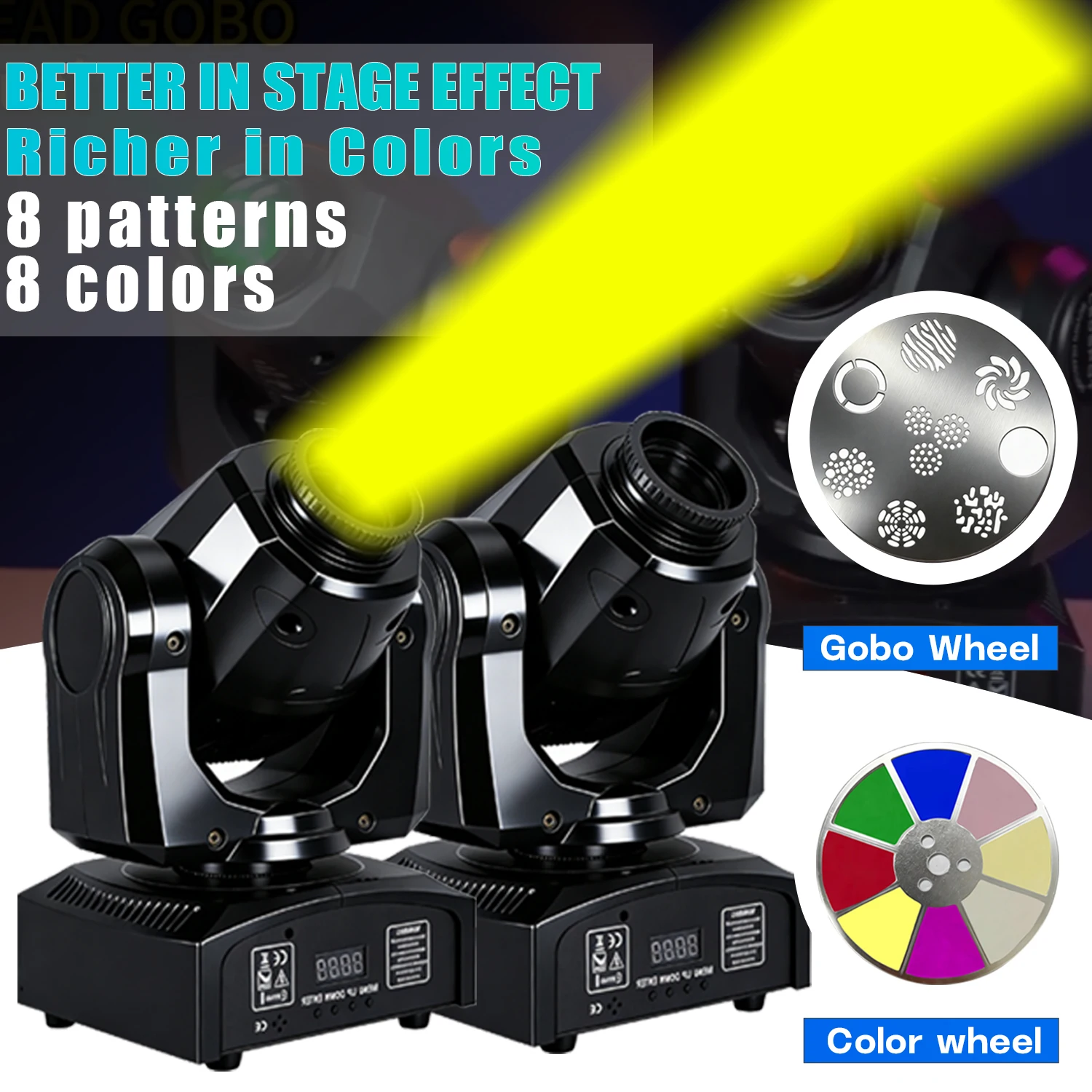 

RGBW LED moving head stage light, 60W DMX512, 7 pattern effects, 8 colors, 540° X-axis and 270° Y-axis, efficient heat dissipati