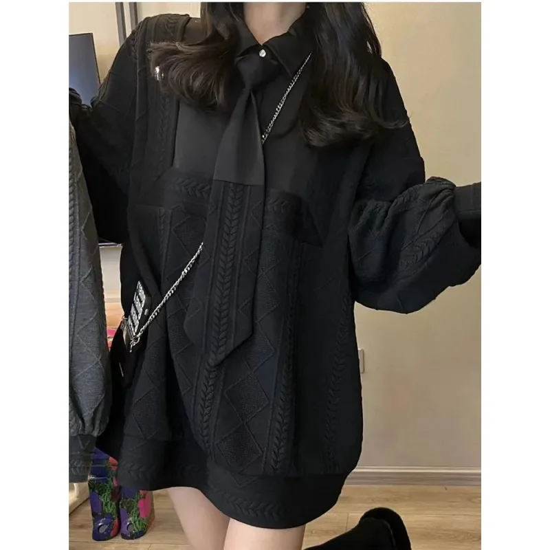 2023 Autumn/Winter New Fashion Women Versatile Loose Outerwear Polo Collar Fake Two Piece Shirt Splice Mid Length Sweatershirt