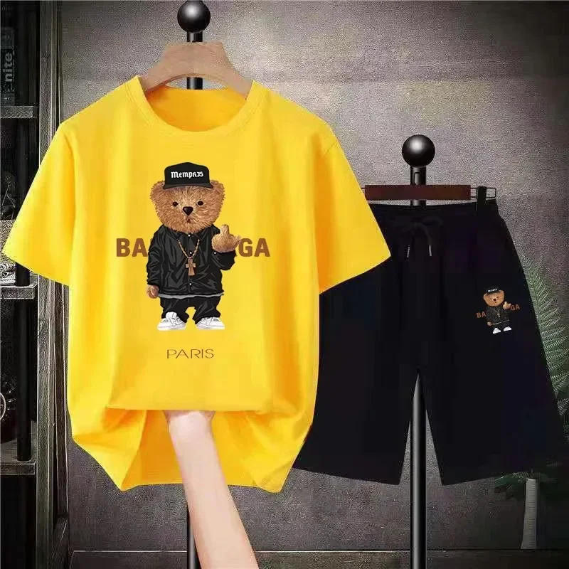 2023 New Summer Tshirt Set Men Funny Bear Print Cotton Tracksuit Outfits Man Sportswear Hip Hop Streetswear Trend 2 Piece Set