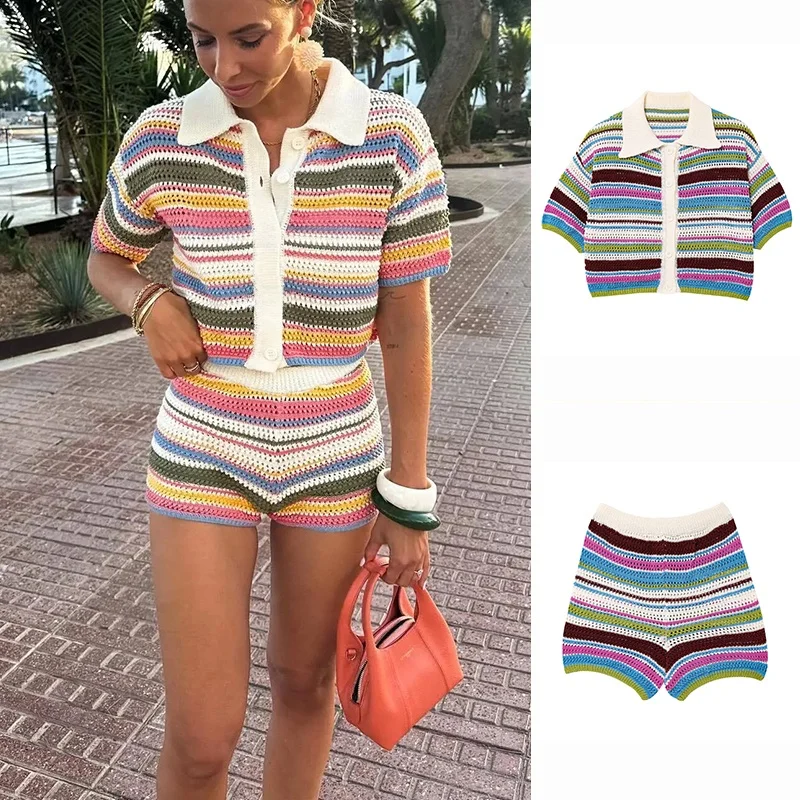 Spring Summer New Women's Hook Knitted  Shirt Neck Top Striped Hook Needle Shorts Polyester Fiber Short Sleeve Button Clo...