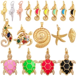 Starfish Blue Ocean Sea Turtle Sea Horse Conch Shell Charm Pendant,Gold Plated Zircon Jewelry Findings Accessories Supplies M62