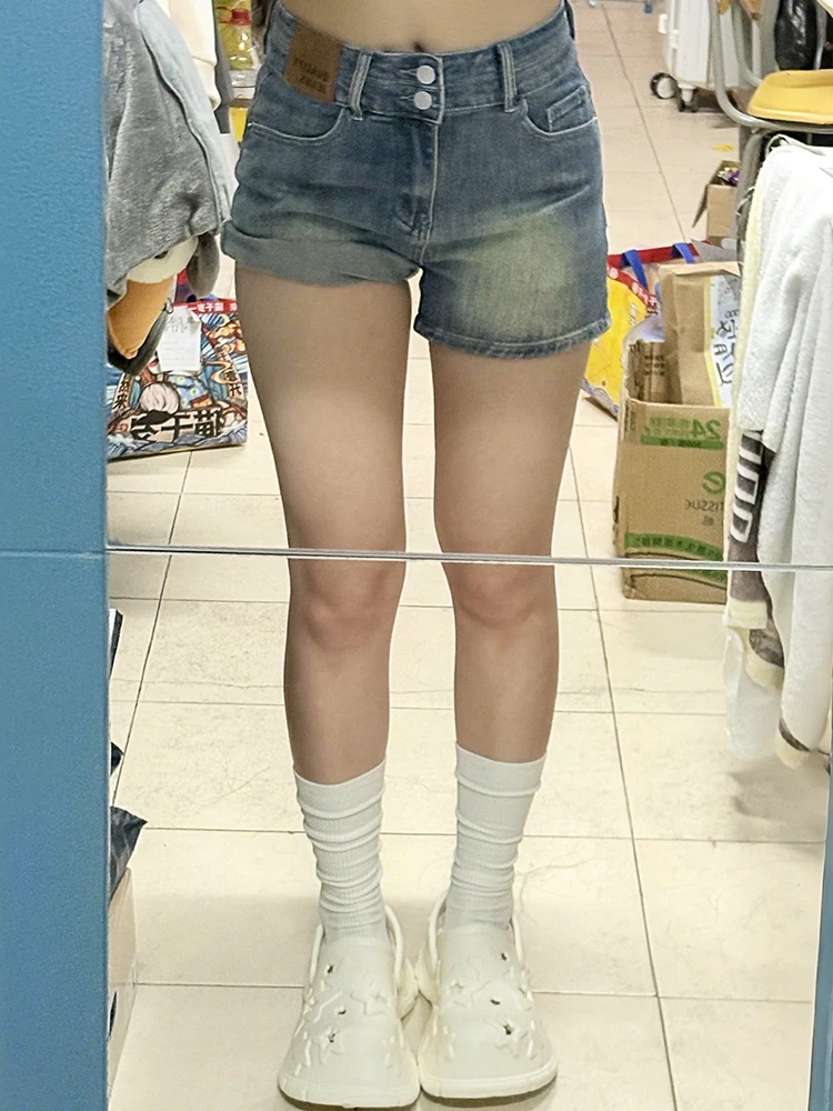 

Ретро-джинсовые шорты женские летние, новые, эластичные, больших размеров, утягивающие, для невысоких, А-силуэт, для фигуры «груша», хит продаж