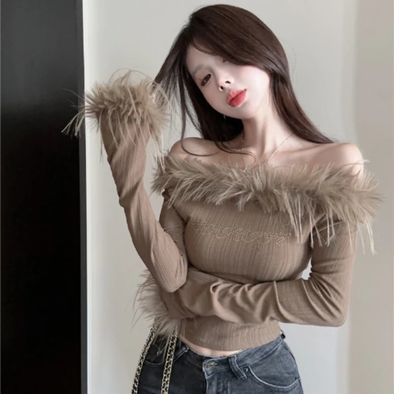 Spring Fall Women Fashion Slash Neck Fur Patchowrk Stretchy Top Shirt  , Woman Casual Tops Shirts