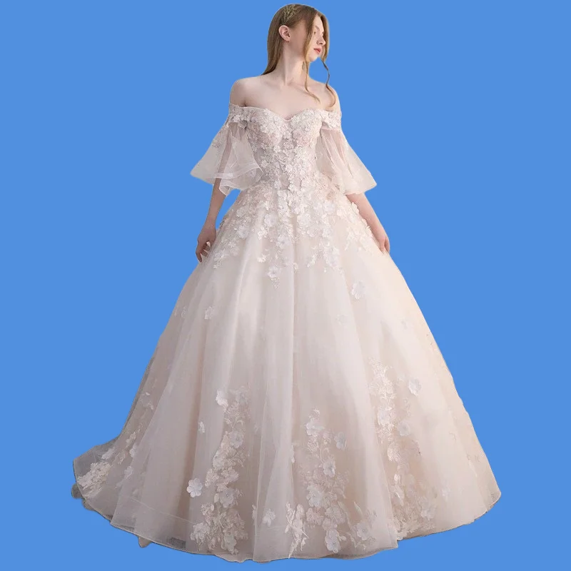 Ready Stock Wedding Dress 2024 New Lace One Shoulder Summer New Bridal Long-Sleeved Wedding Dress