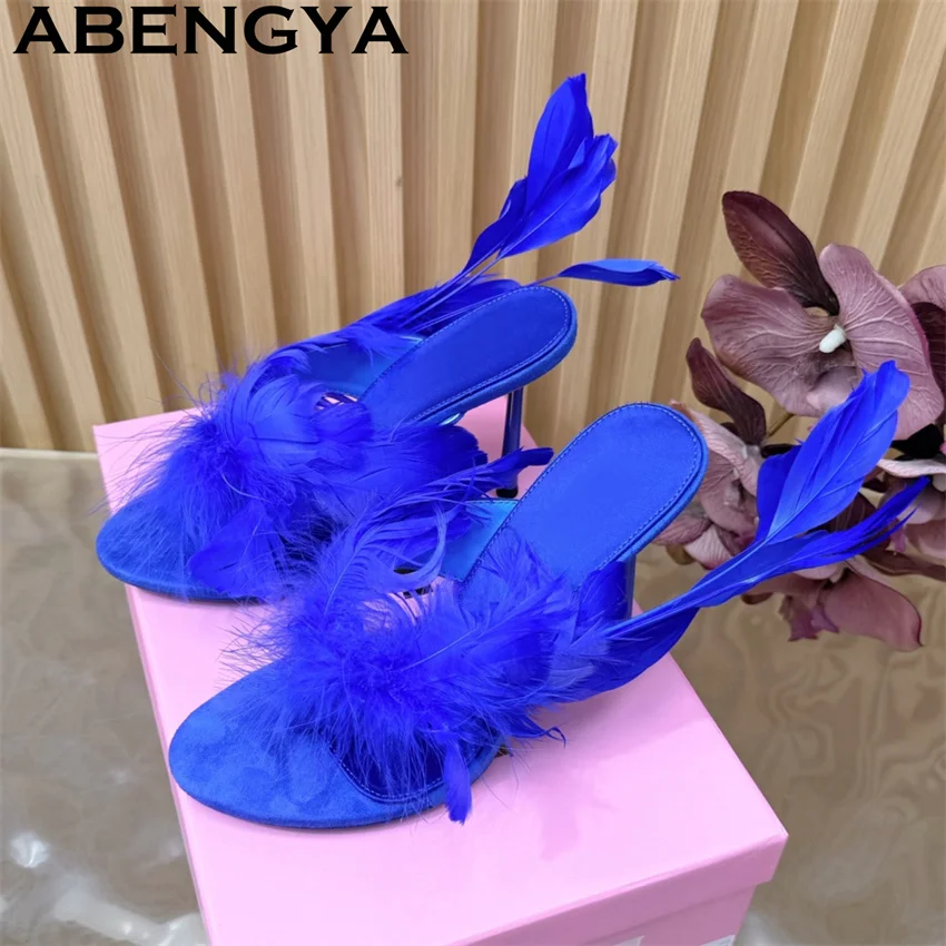 

Chicken Feather Flip Flops Thin High Heels Slippers Women Sexy Open Toe Slingback Slippers Summer Fahion Dress Party Shoes Mujer