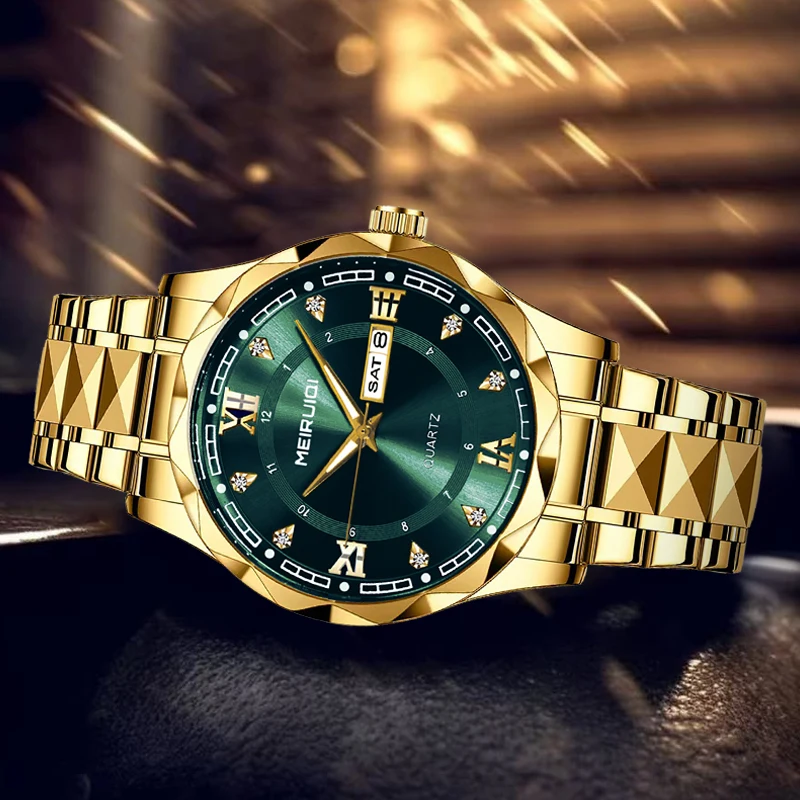 

Мужские кварцевые часы желто-зеленого цвета с календарем и указателем дня недели, в деловом стиле.