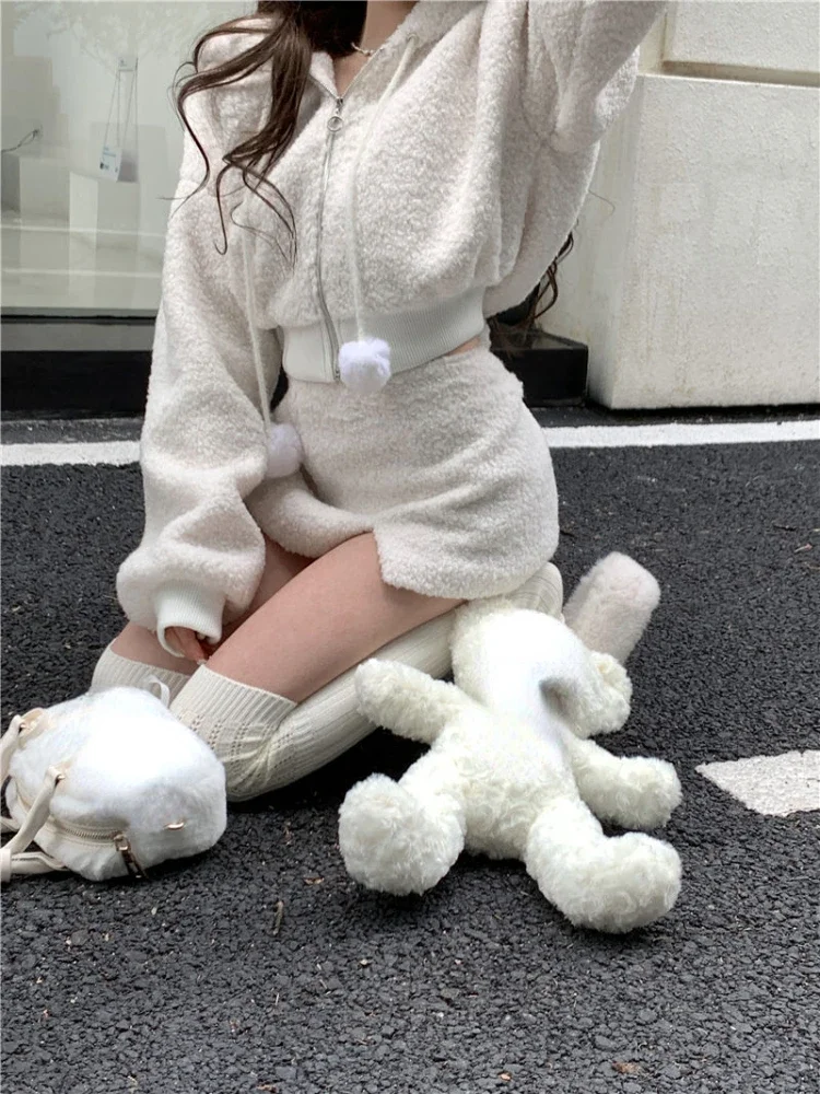 Ensemble Deux Pièces pour Femme, Jupe Blanche Y2k, Style Harajuku, Élégant, Sweat à Capuche à Manches sulf+ Mini Jupe Sexy à Fourche Ouverte,