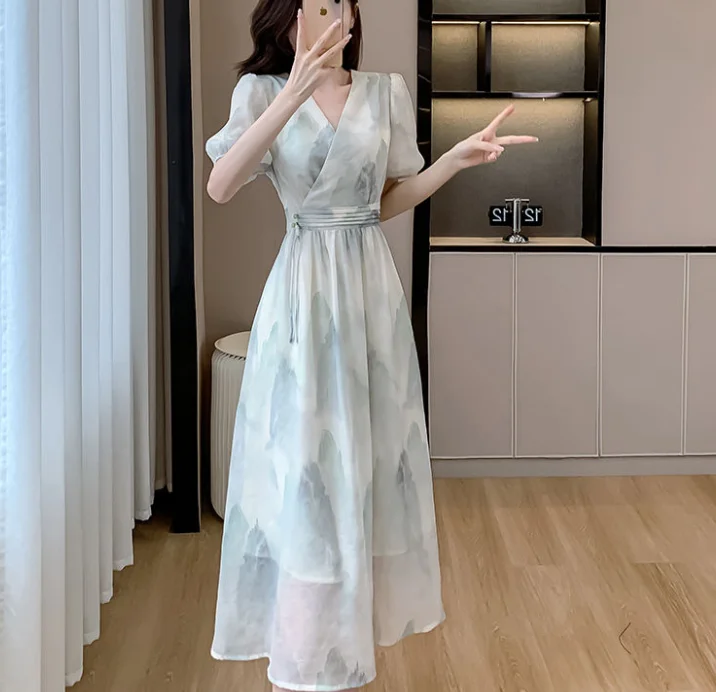 플로럴 드레스 2025 여름 신상 중국풍 잉크 프린트 우아한 A라인 반팔 하이웨이스트 롱 스커트