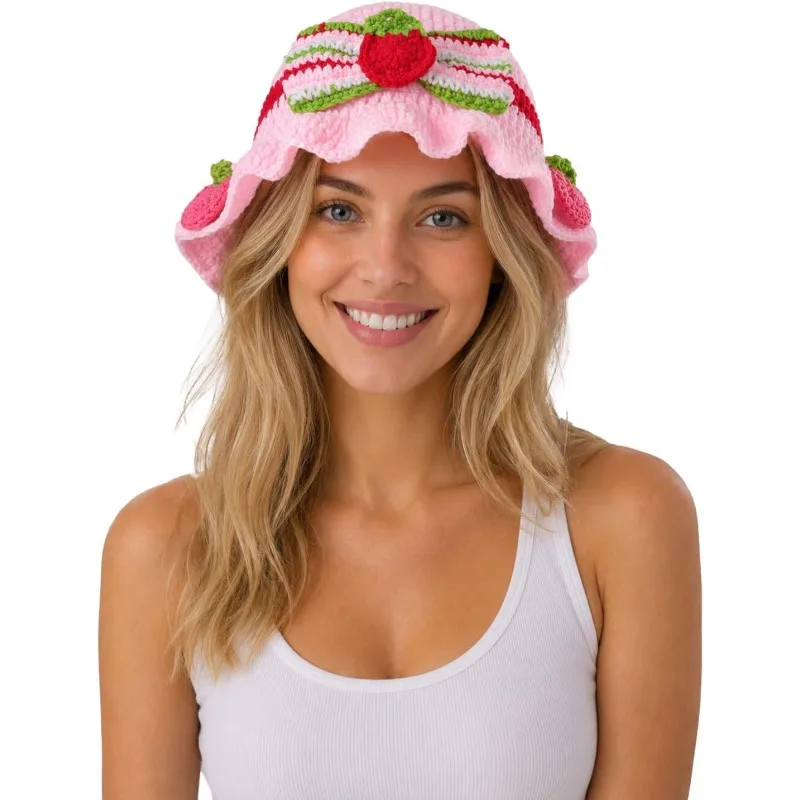 Women Hand‑Crochet Strawberry Knit Bucket Hat Cottage‑Core Contrast Bow Ruffle Trim 3D Fruit Applique Y2K Adorable Sun Cap