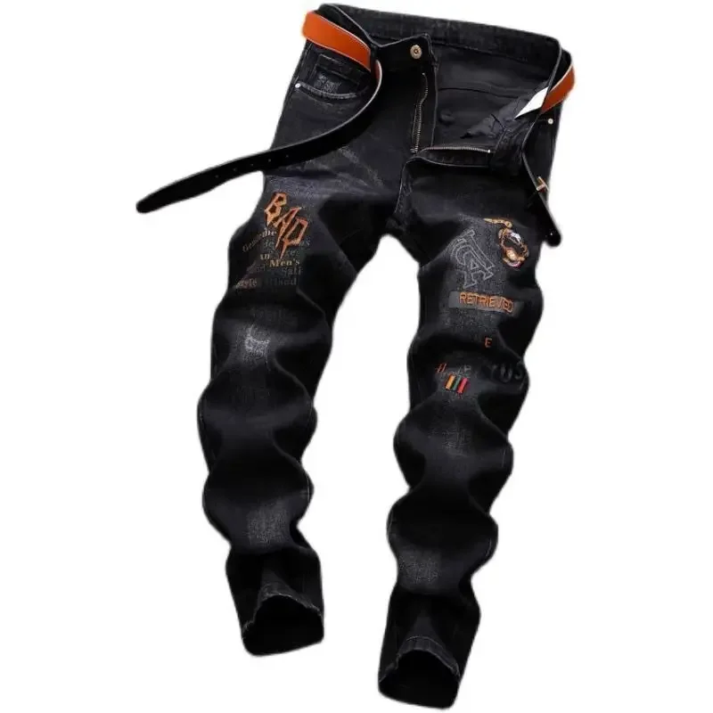 Harajuku موضة 2025 جديد وصول الرجال سليم صالح جينز غير رسمي ربيع الخريف سروال شكل قلم رصاص التطريز الفاخرة الكورية نمط الملابس #5