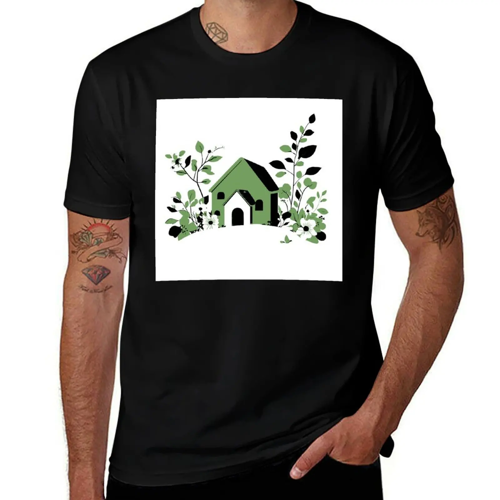

Minimalist Green Cottage with Flowers – Modern Nature Home Art T-Shirt blue archive quick-drying blanks mens t shirts pack