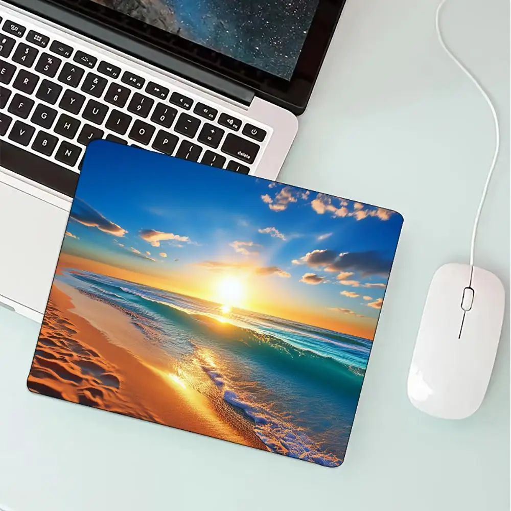 Sunset Beach Seaside Scenery Graphic Square Gaming Mouse Pad Non Slip Rubber Base Desk Mat For PC Laptop Laptop Gaming